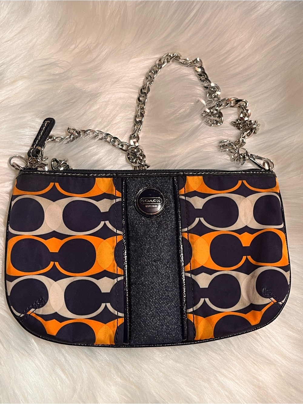 Coach Orange Navy Signature Chain Shoulder Bag with Black Trim